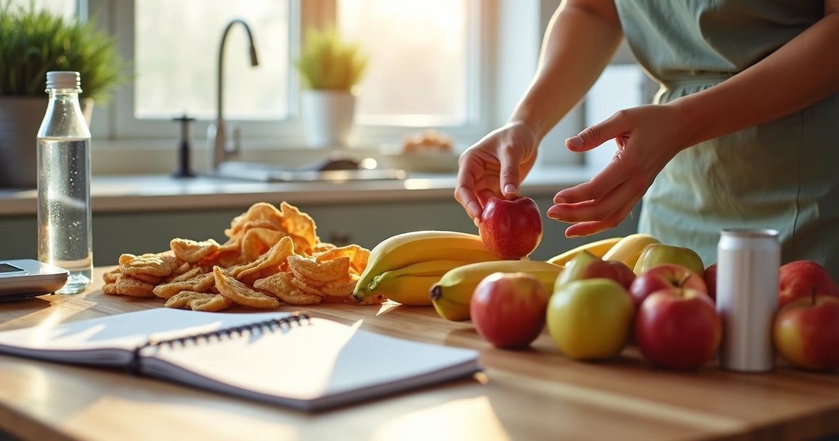 Pessoa fazendo trocas de alimentos ultraprocessados por naturais em cima de uma mesa 