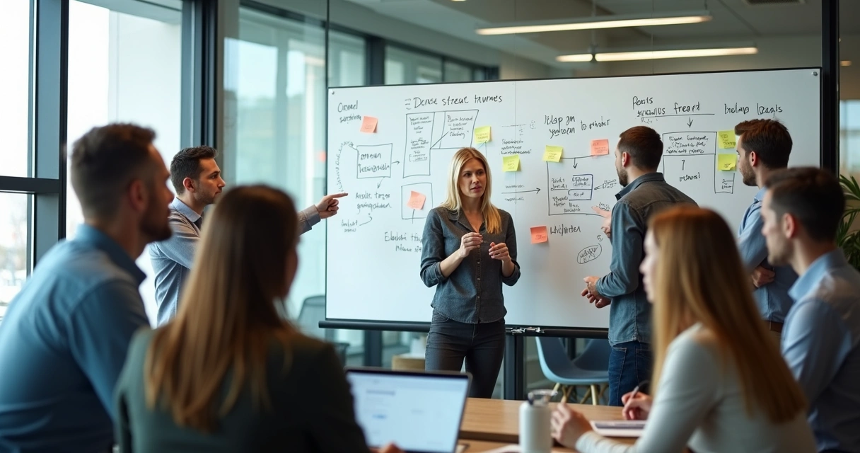Colegas de equipe reunidos ao redor de um quadro branco discutindo novas ideias 