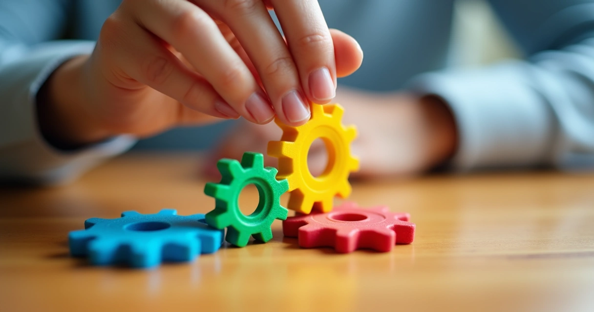 Mão trocando peças de engrenagem coloridas simbólicas de pensamento