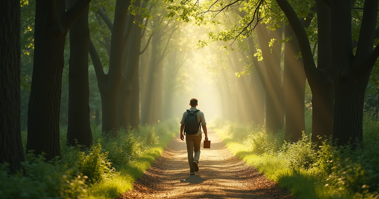 Pessoa caminhando em trilha entre árvores com expressão de determinação 