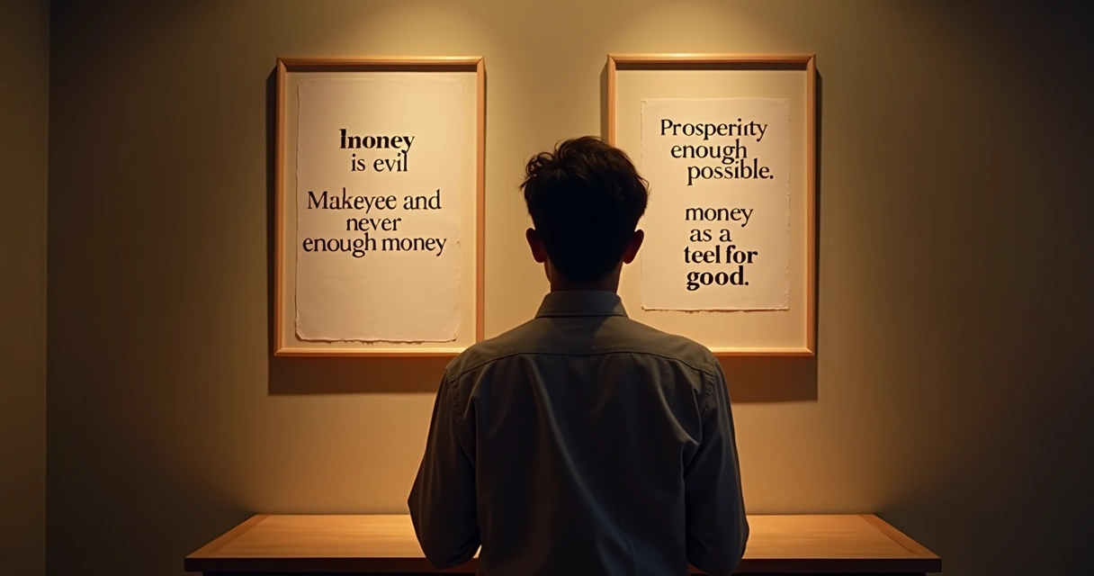 Pessoa diante de quadros com frases sobre dinheiro 