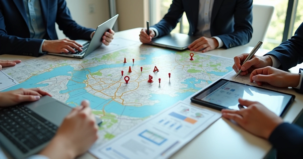 Equipe analisando mapa para nova loja em mesa de reunião