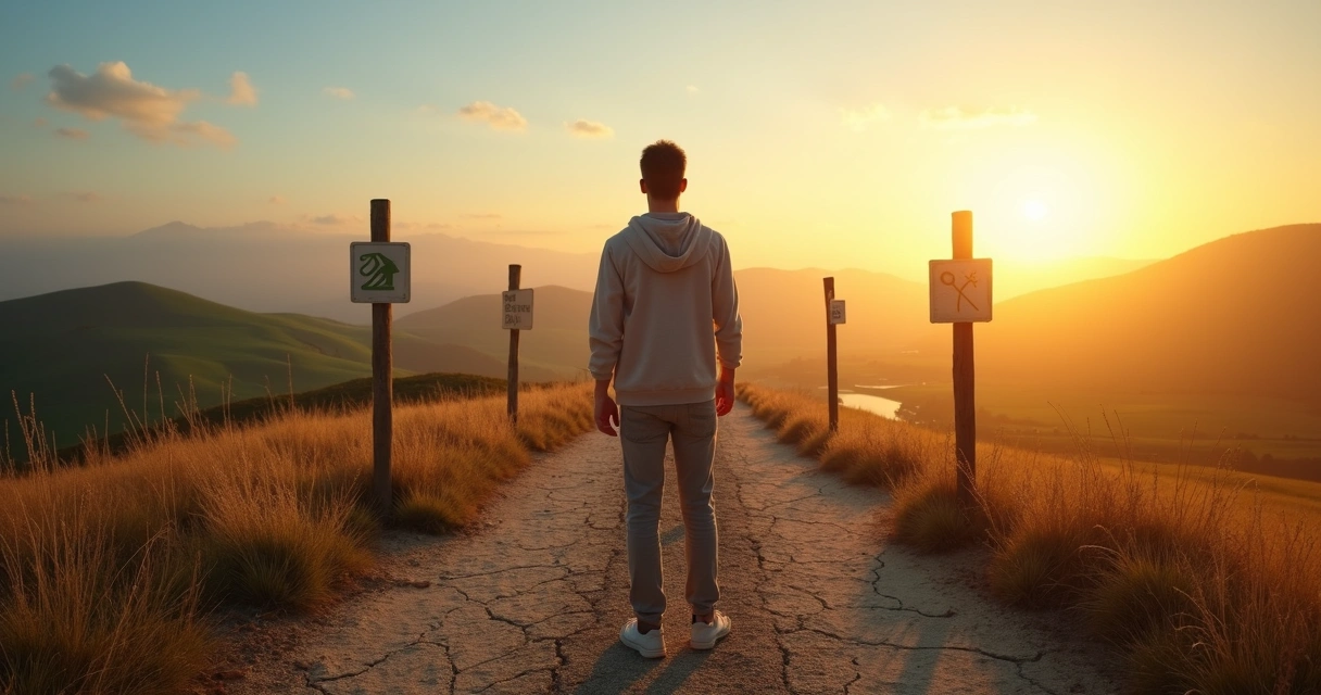 Pessoa em encruzilhada escolhendo novo caminho de propósito 