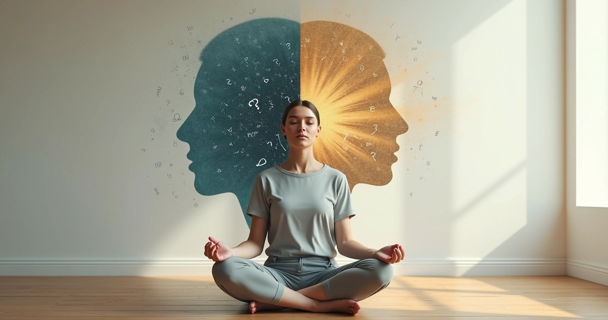 Pessoa sentada em posição de meditação com mente dividida entre pensamentos negativos e positivos 