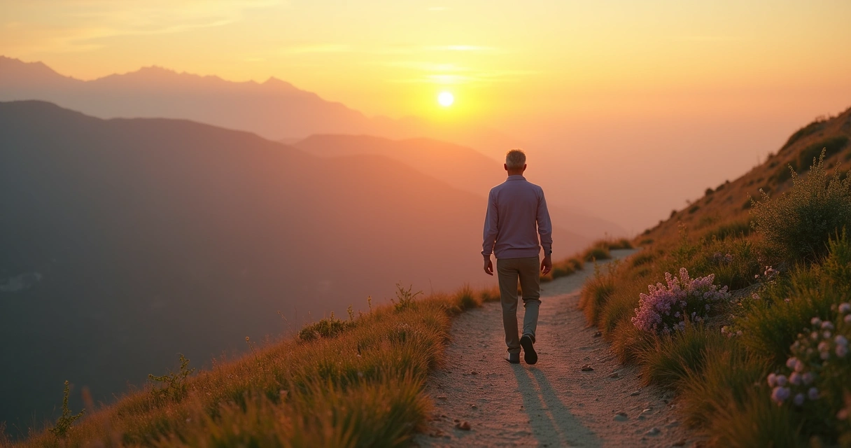 Pessoa caminhando em direção a uma nova paisagem, simbolizando adaptação à mudança 