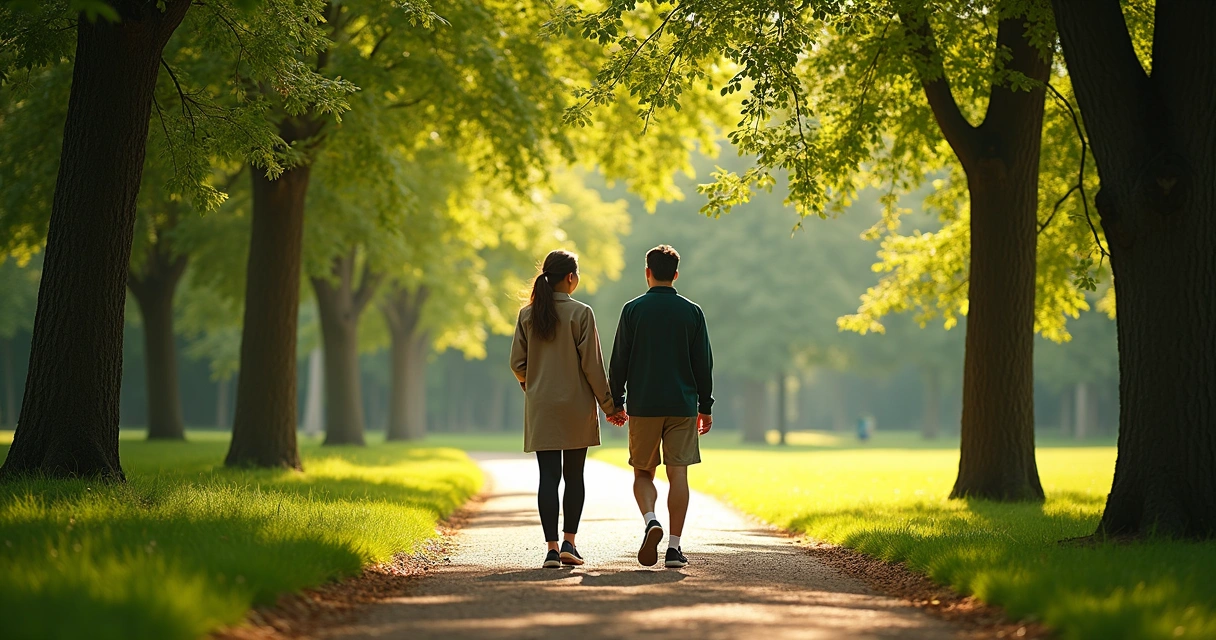 Duas pessoas caminhando lado a lado em um parque, cercadas por árvores