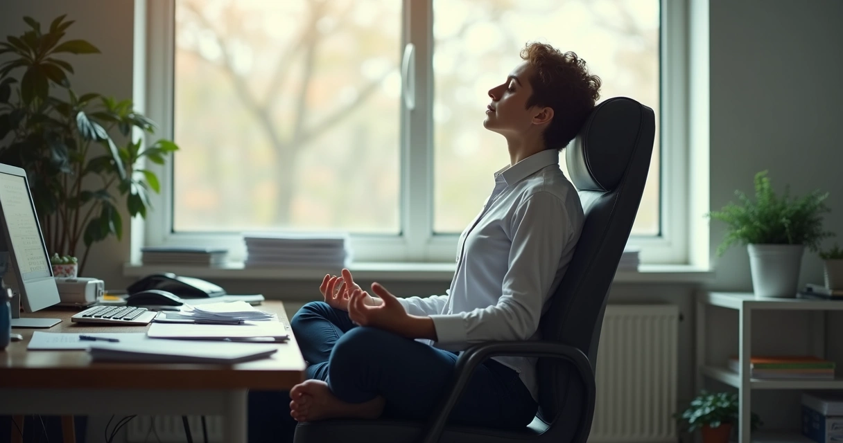 Pessoa meditando no trabalho em meio a papéis, transmitindo calma em situação de estresse