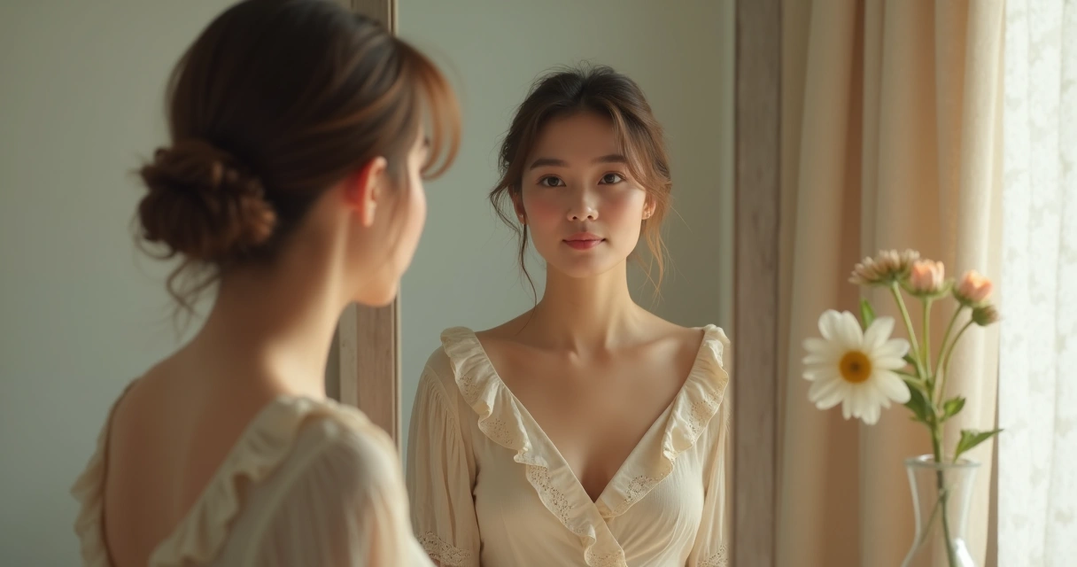 Pessoa diante do espelho com expressão de autoconhecimento e aceitação, ambiente claro