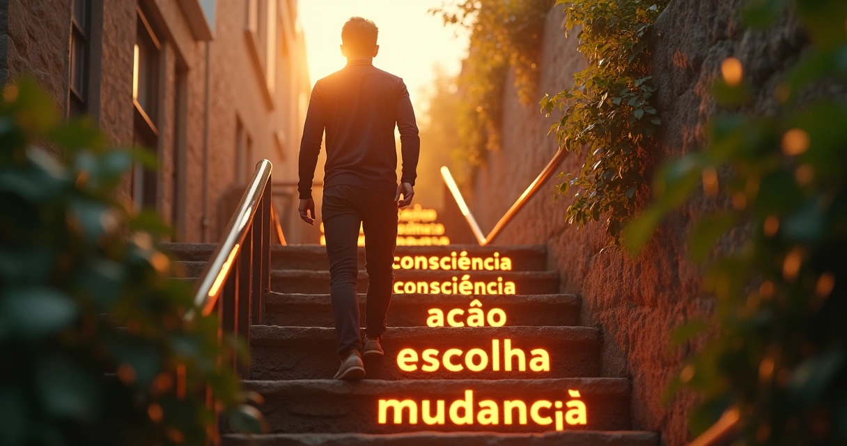 Pessoa subindo escada com degraus de frases motivacionais