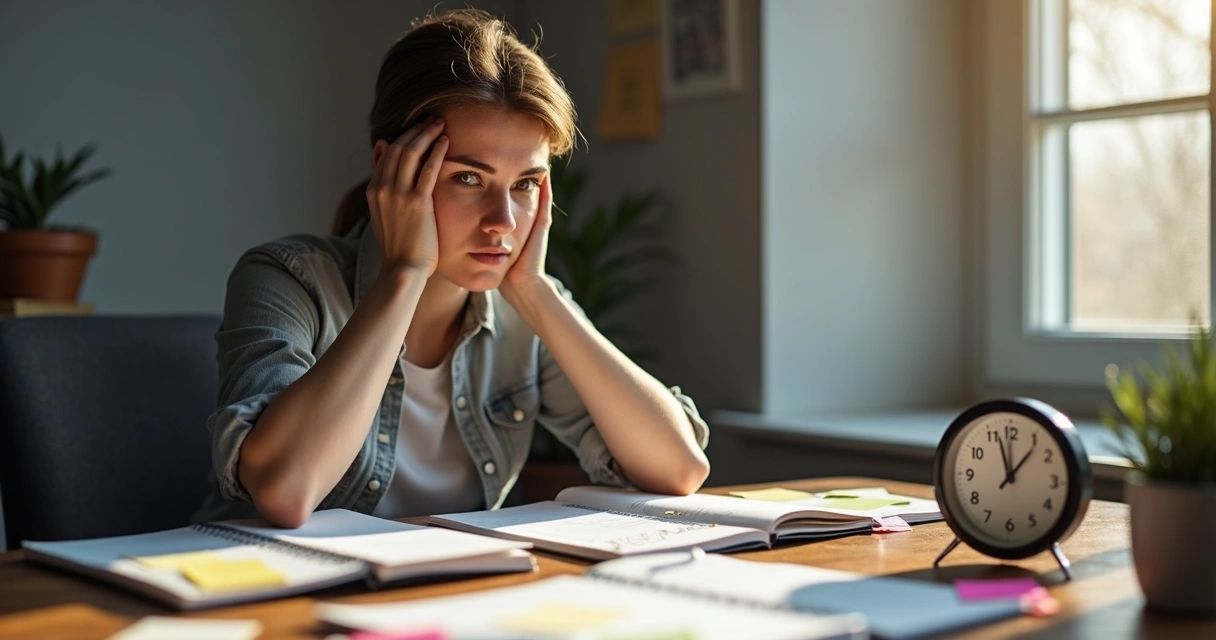 Pessoa sentada à mesa olhando para uma lista de tarefas, com expressão pensativa, cadernos e relógio ao seu lado 