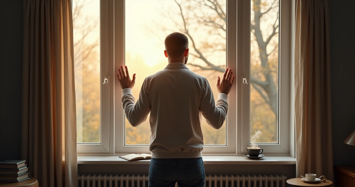 Pessoa refletindo diante da janela, luz suave, postura contemplativa