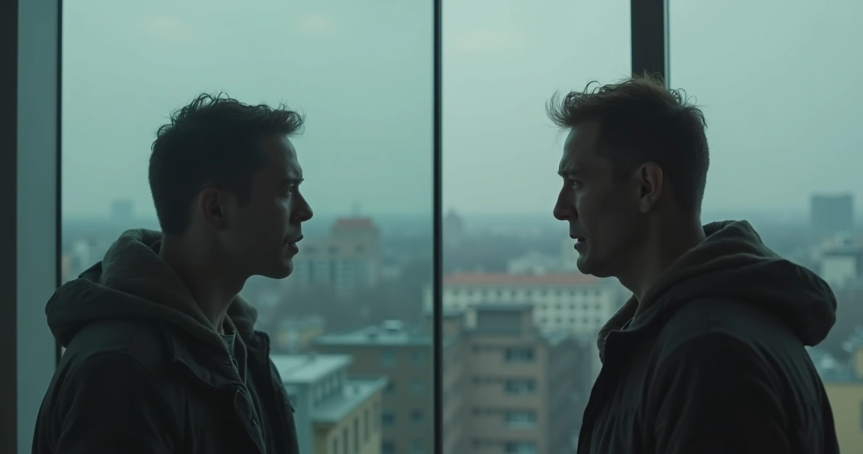 Pessoa parada diante de reflexo em vidro, mostrando expressões diferentes 