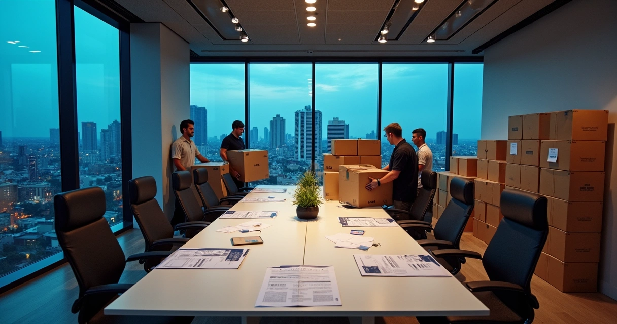 Movimentação de caixas e equipamentos em escritório corporativo de São Paulo 