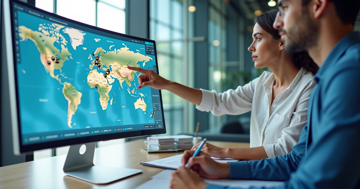 Equipe analisando mapa e dados de empresas em tela