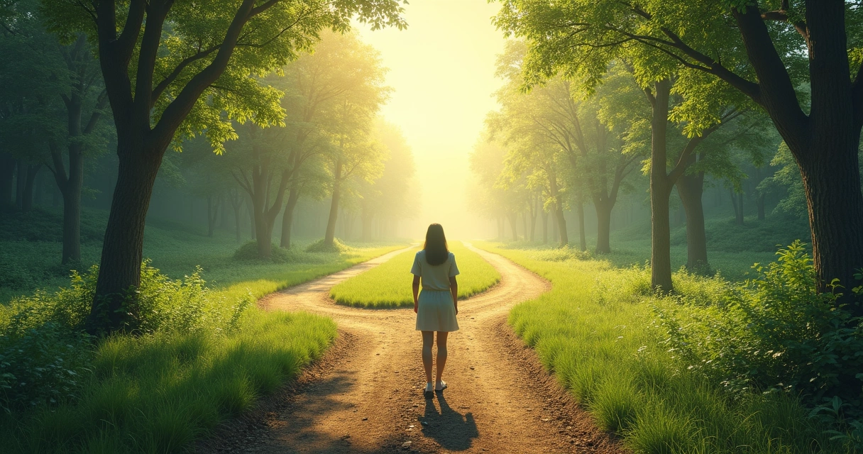 Pessoa refletindo diante de diferentes caminhos em paisagem natural 