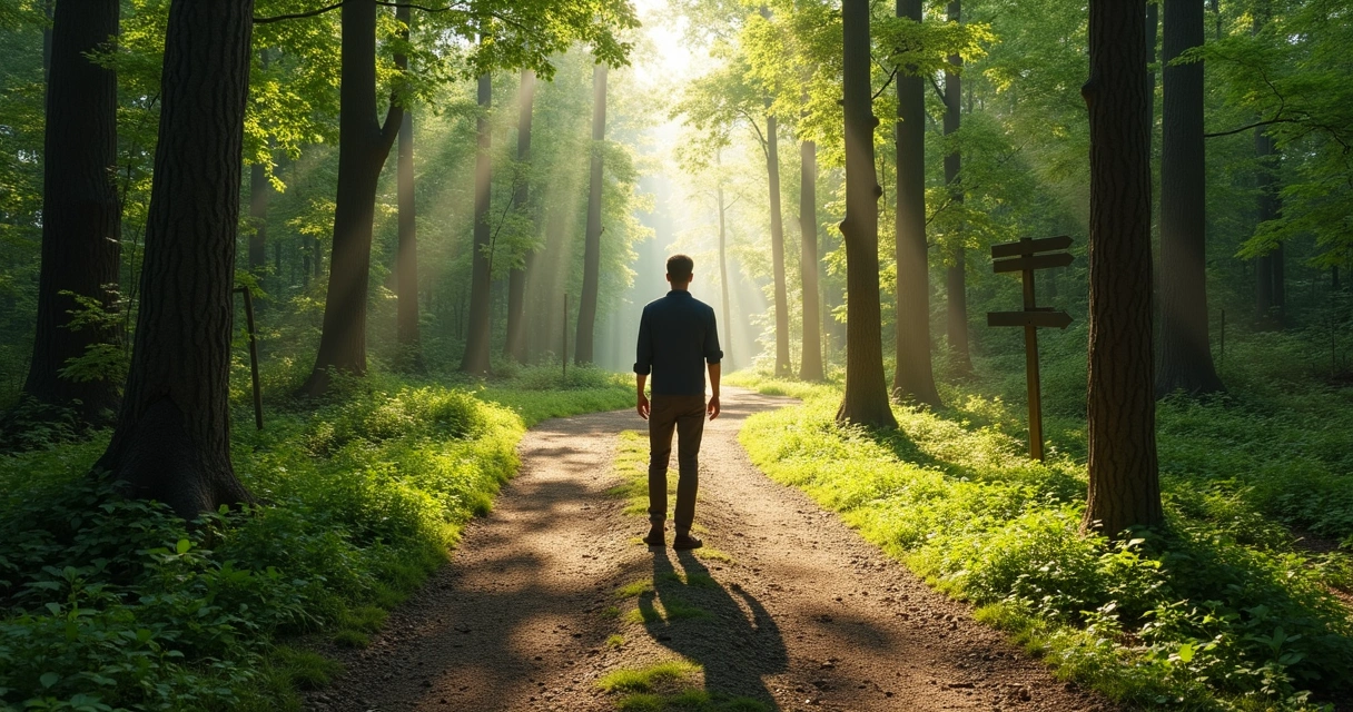 Pessoa escolhendo entre diferentes caminhos ou trilhas em um parque