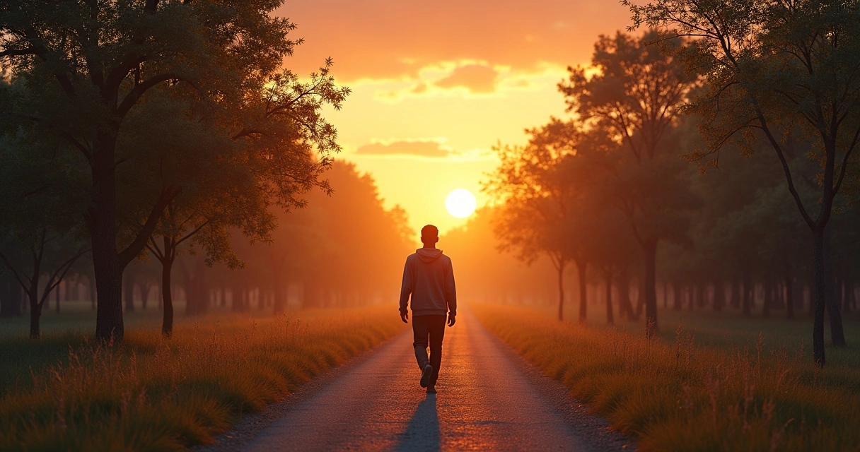 Pessoa ao ar livre caminhando ao entardecer, parecendo reflexiva e comprometida 