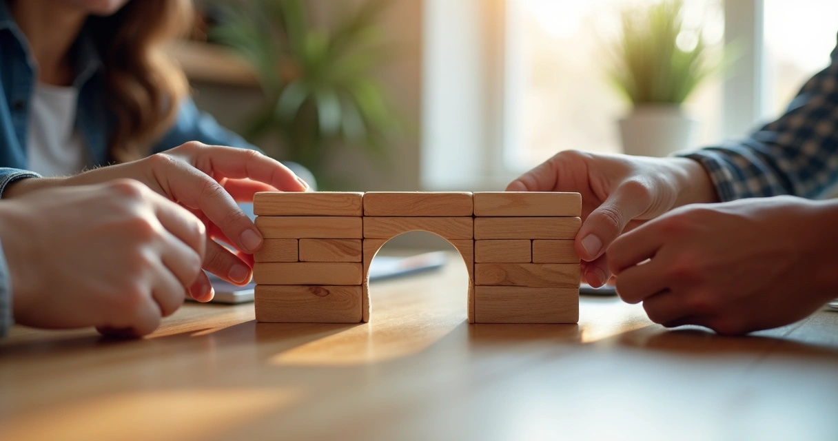 Mãos de diferentes pessoas ajuntando blocos de madeira para formar uma ponte em uma mesa 