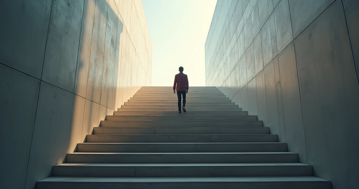 Pessoa subindo degraus em direção a uma luz suave, simbolizando evolução