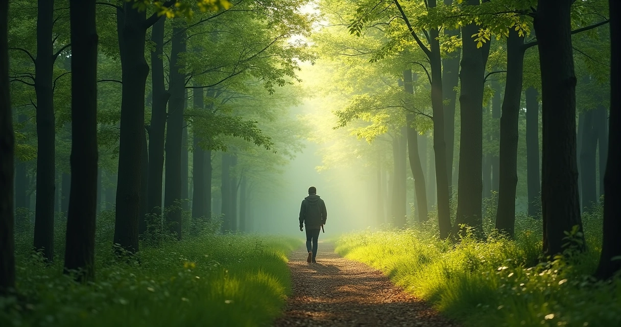 Pessoa caminhando em trilha natural simbolizando evolução interior