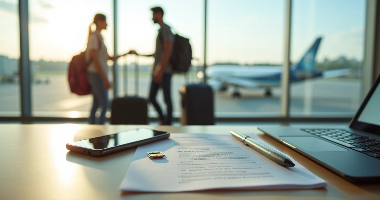 Família brasileira organizando documentos de banco, contrato de aluguel e chip de celular em aeroporto no exterior 
