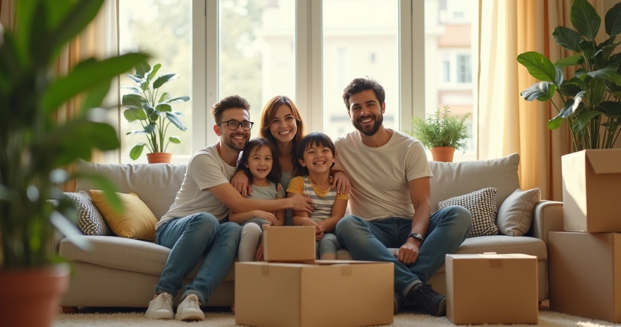Família sorrindo na sala da casa nova rodeada de caixas e plantas