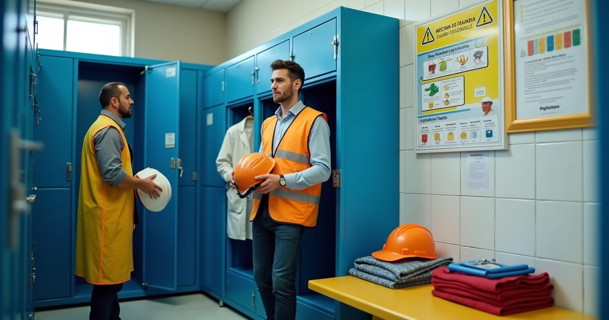 Trabalhadores em vestiário trocando uniforme de função com mural de segurança ao fundo 