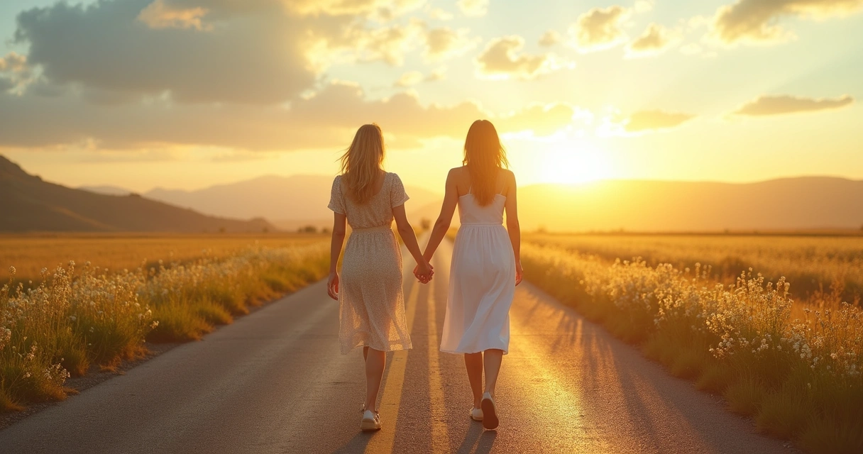 Mãe e filha de mãos dadas caminhando por uma estrada, olhando para frente, simbolizando mudança de gerações 