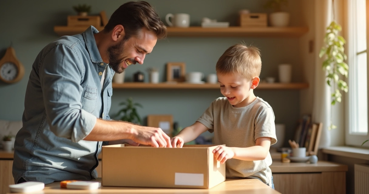 Pai e filho organizando objetos juntos em casa