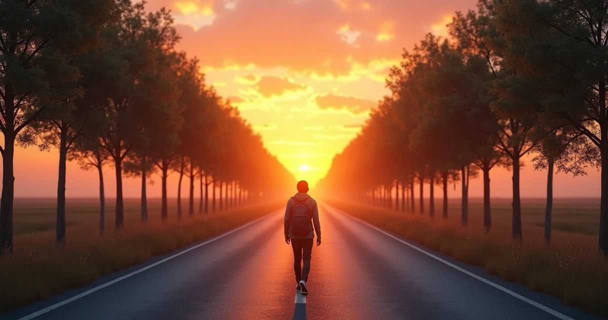 Pessoa caminhando por estrada com horizonte ao fundo