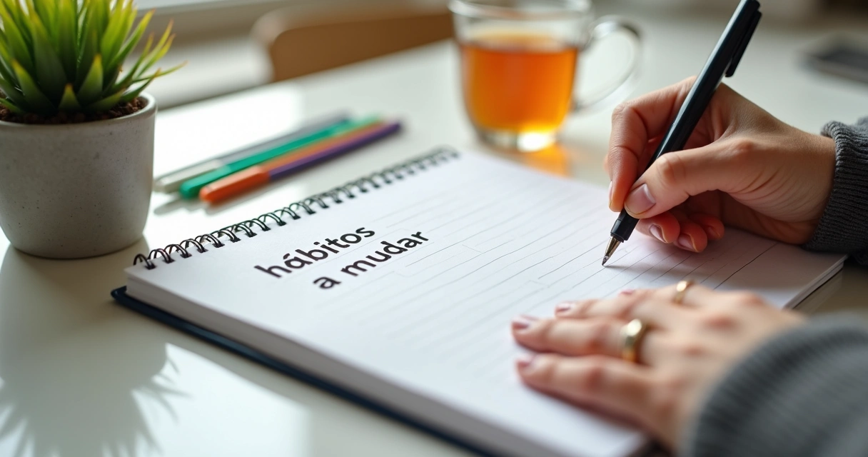 Pessoa escrevendo em caderno hábitos a serem mudados