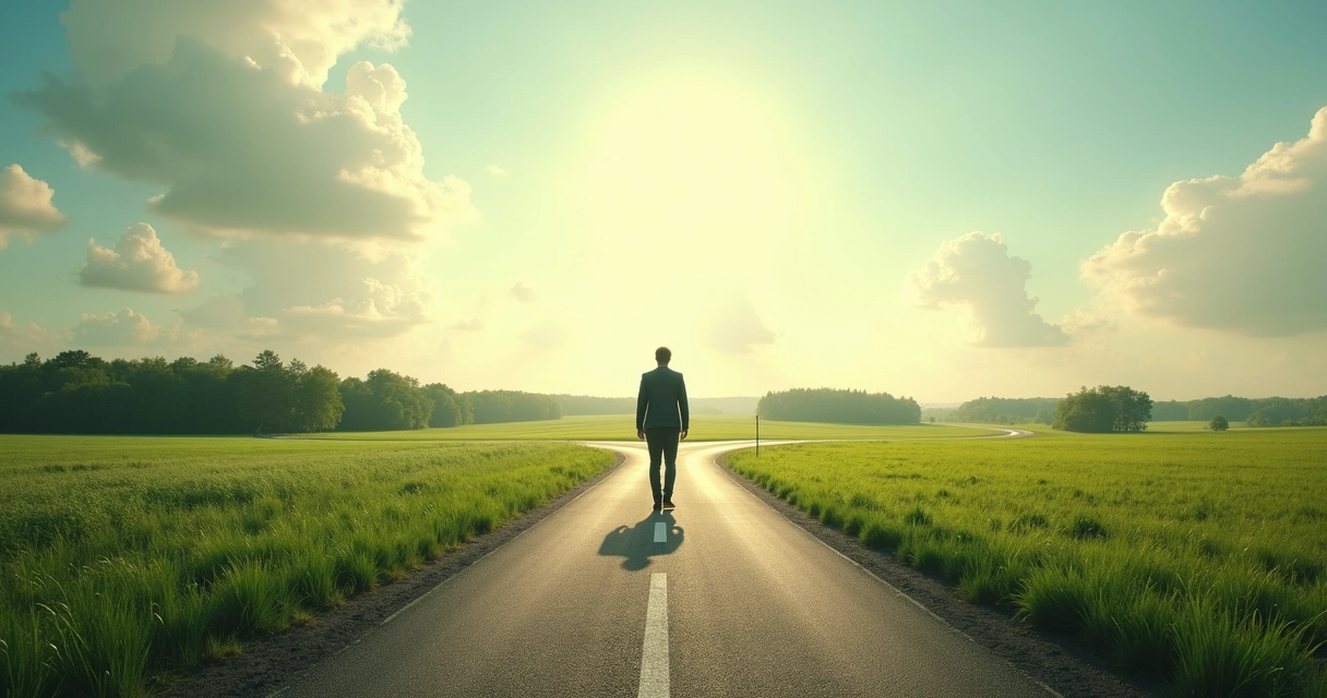 Pessoa caminhando em direção a uma estrada que se divide em dois caminhos