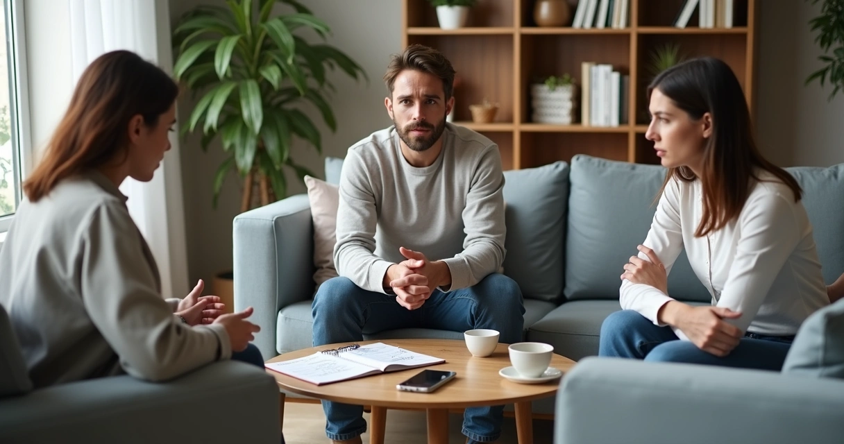 Três pessoas em uma sala de estar tentando conversar mas visivelmente desencontradas e confusas 