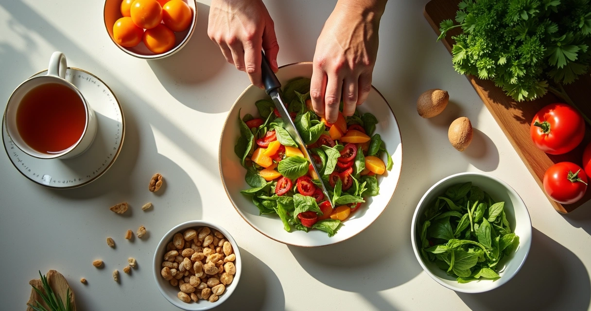Detalhe de mãos preparando uma refeição saudável sobre bancada de cozinha, vista superior. 