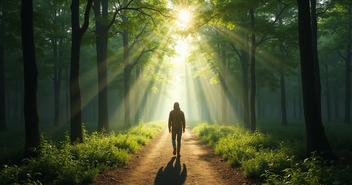 Pessoa caminhando em direção a caminho iluminado na floresta 