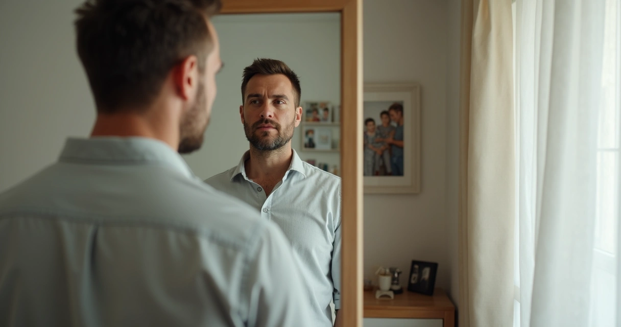 Homem adulto refletindo em frente ao espelho 