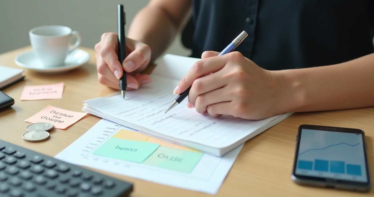 Pessoa escrevendo novas metas financeiras em caderno 