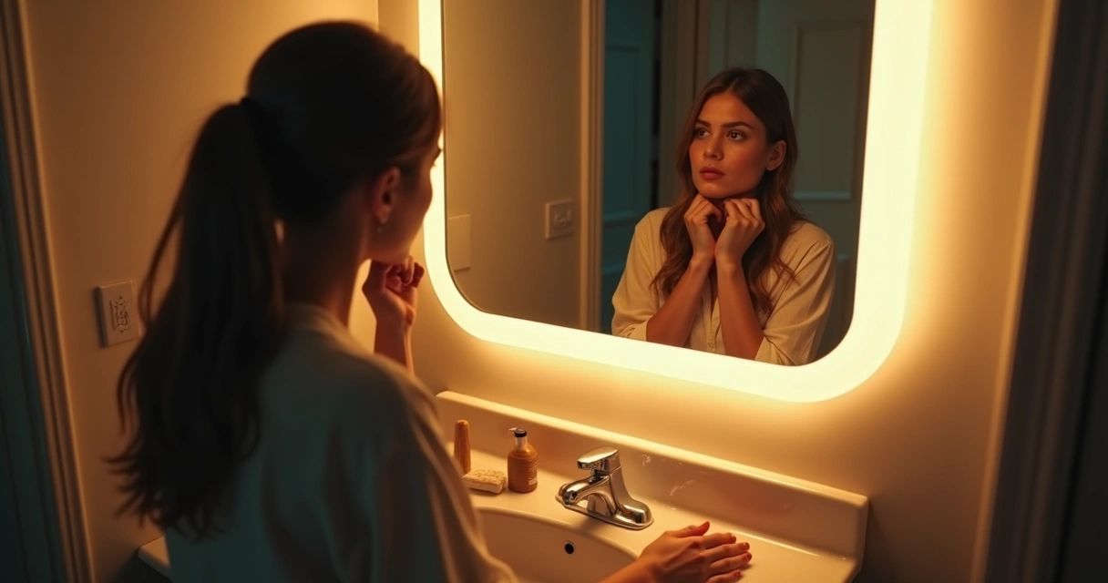 Pessoa refletindo diante do espelho com expressão pensativa, ambiente suave e luz quente 