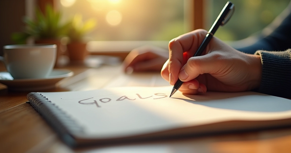 Pessoa escrevendo metas em caderno enquanto toma café em ambiente iluminado e tranquilo.