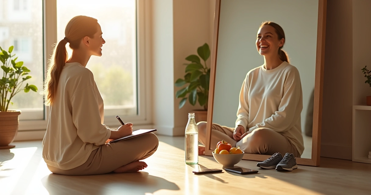 Pessoa refletindo sobre mudança de hábitos com postura tranquila diante de um espelho 