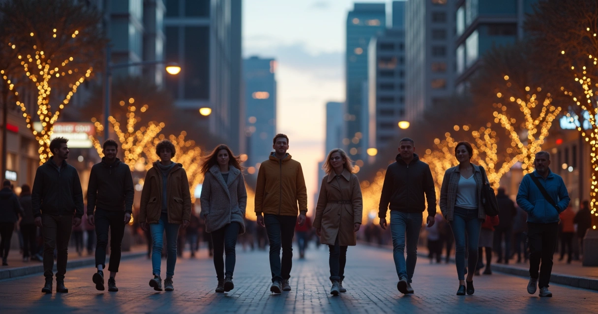 Pessoas de diferentes idades e estilos caminhando conectadas por linhas luminosas 