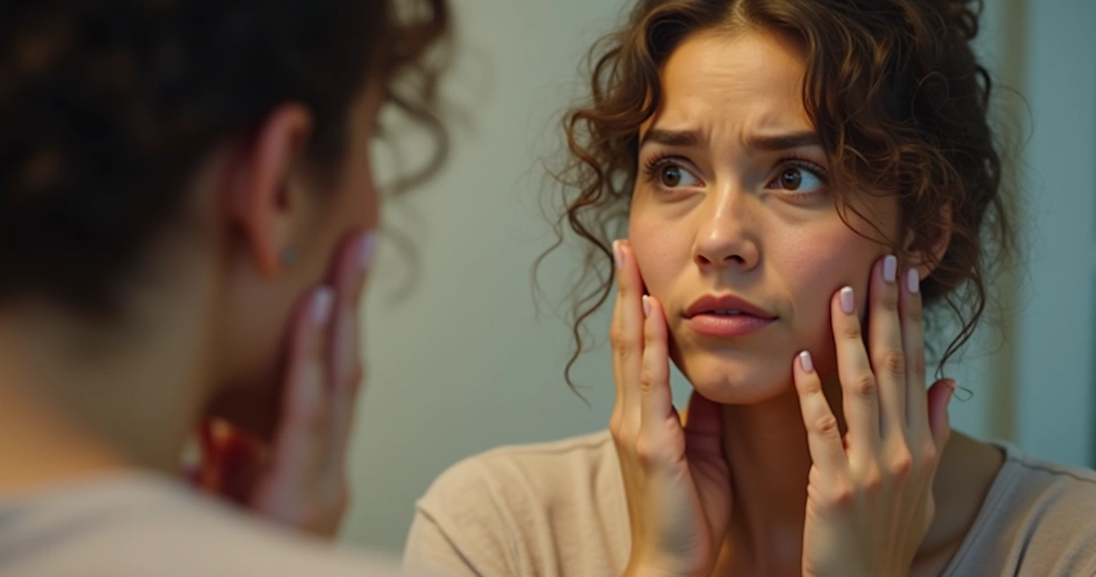Pessoa olhando no espelho com expressão confusa, parecendo sentir emoções diferentes enquanto se observa. 