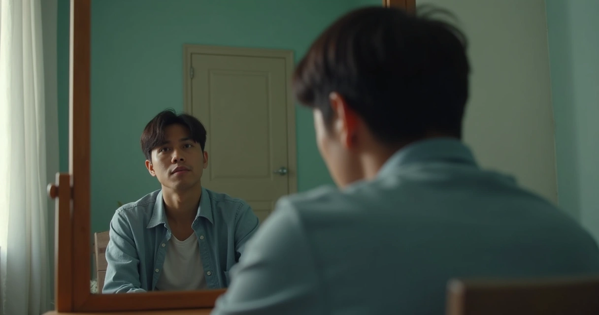 Reflexo de uma pessoa pensativa no espelho, ambiente sereno e neutro 