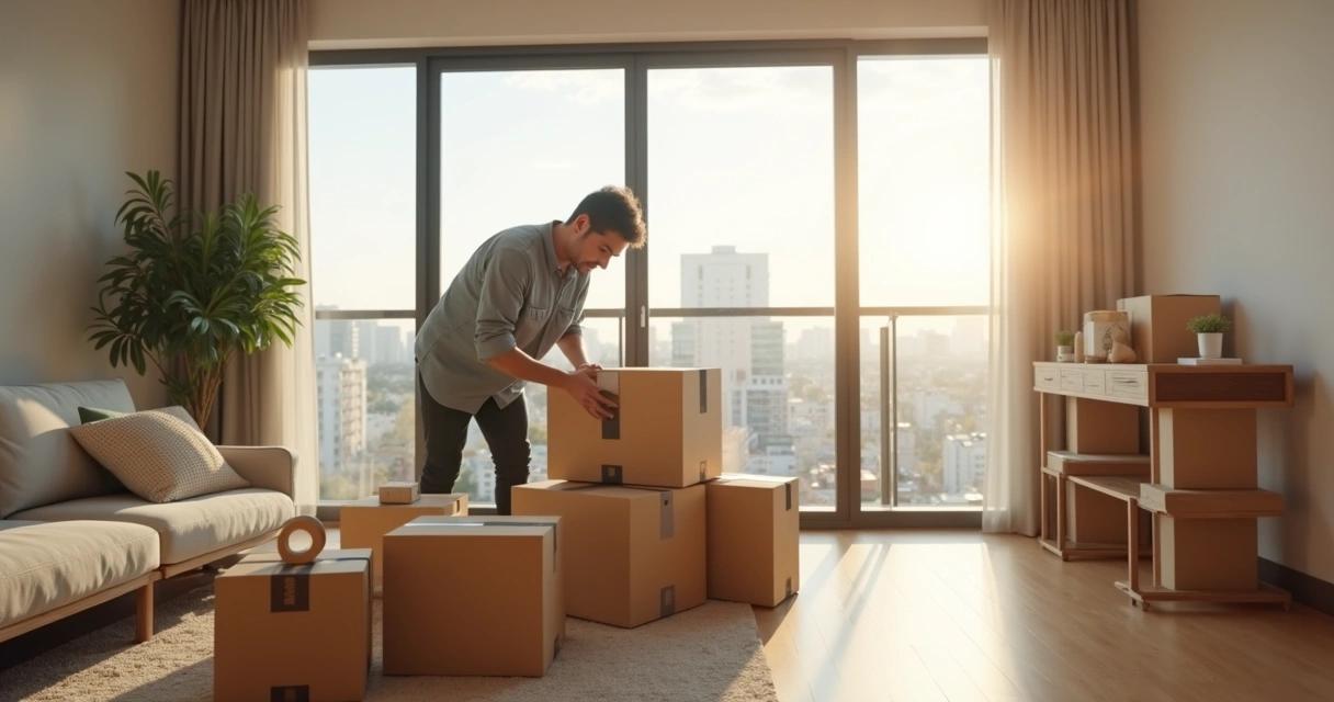 Pessoa organizando caixas para mudança em ambiente residencial moderno em Campinas 