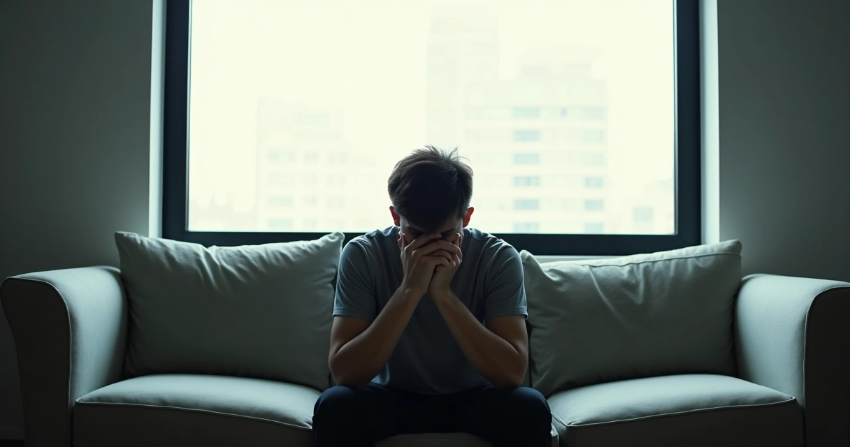 Pessoa sentada sozinha olhando para janela pensando