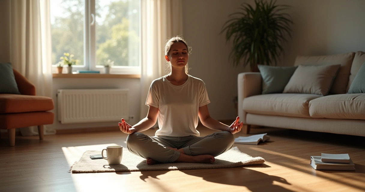 Pessoa sentada no chão, de olhos fechados, em posição de meditação, cercada por objetos pessoais, com luz suave vindo da janela 