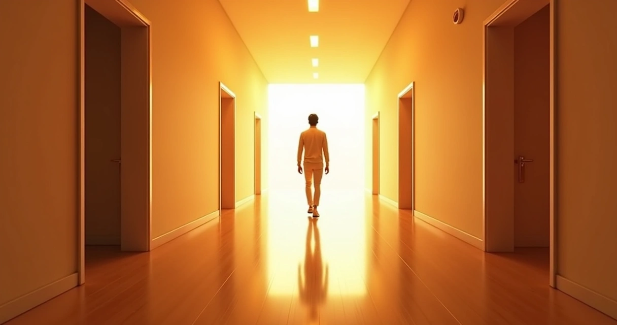 Pessoa caminhando em um corredor iluminado, parecendo determinada