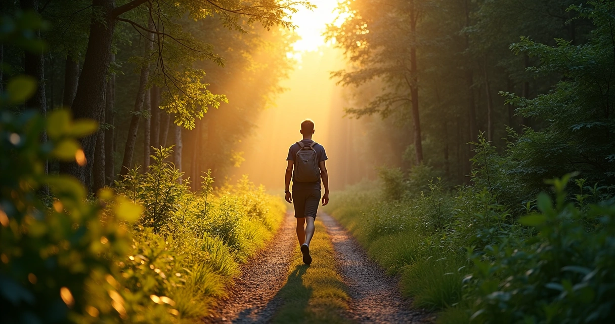 Pessoa caminhando sozinha em trilha na floresta ao nascer do sol.