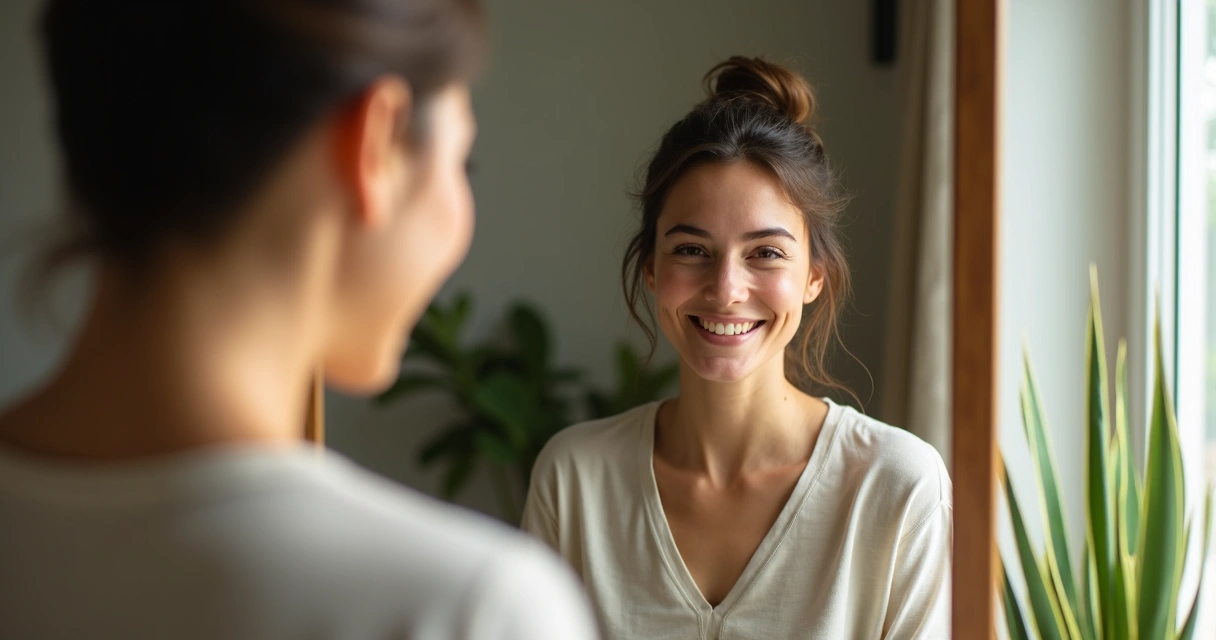 Pessoa sorridente diante do espelho, refletindo mudança interna 