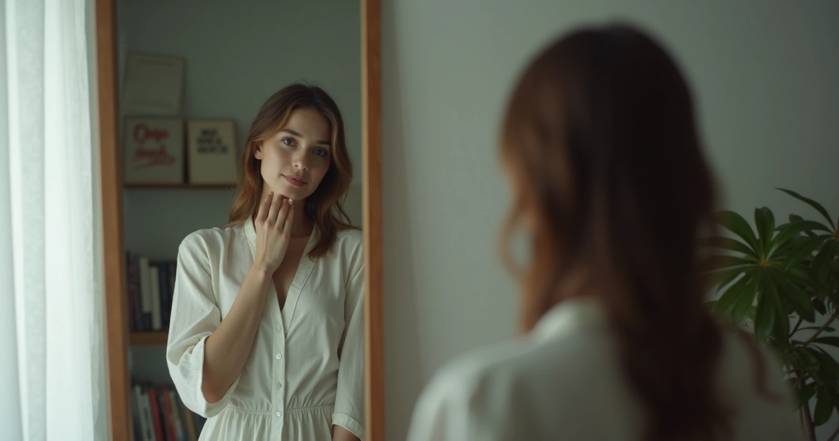 Pessoa refletindo na frente de um espelho com expressão de autoconhecimento 